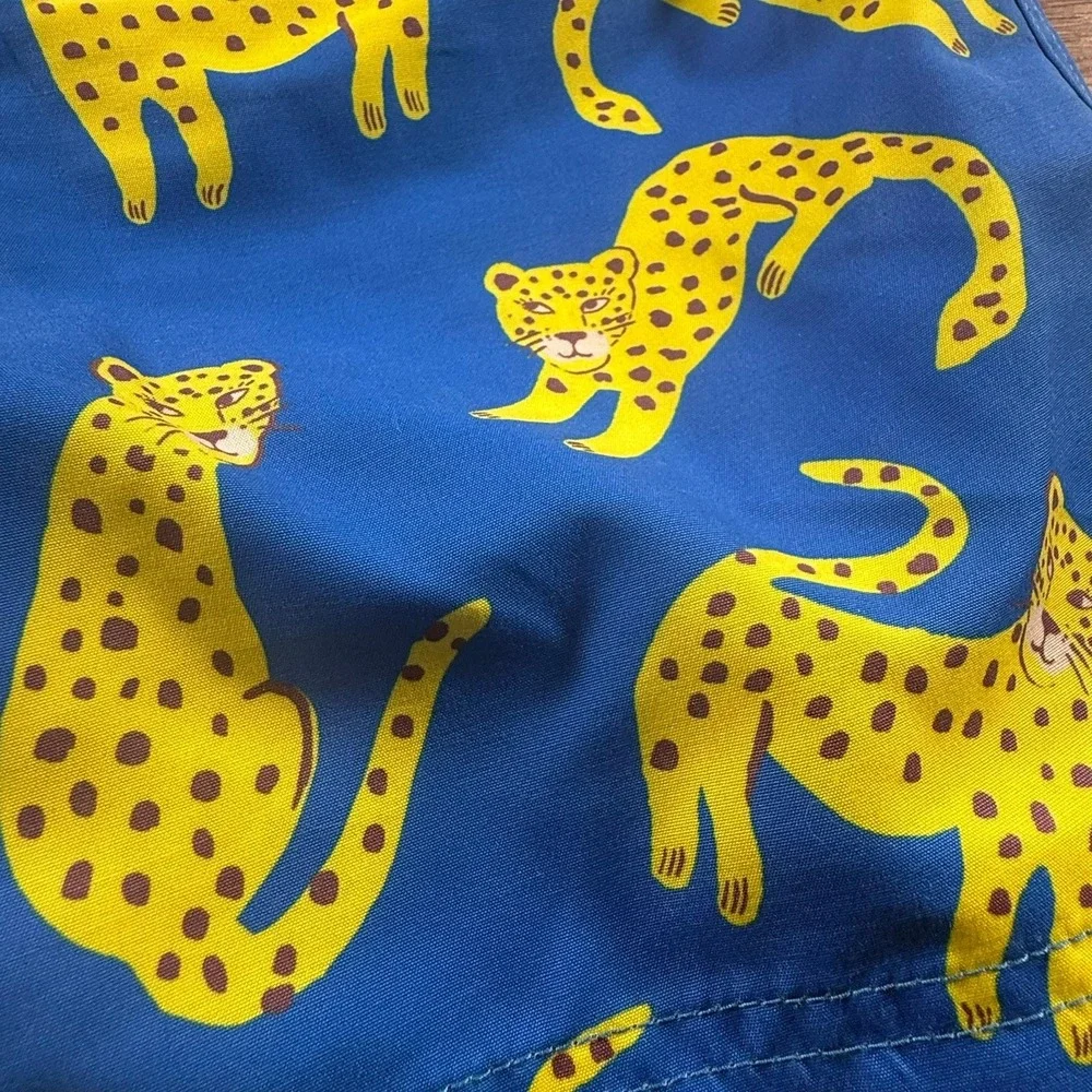 Mini Boden Boys Blue Leopard Print Swim Trunks Shorts Size 9-10Y Mesh Liner